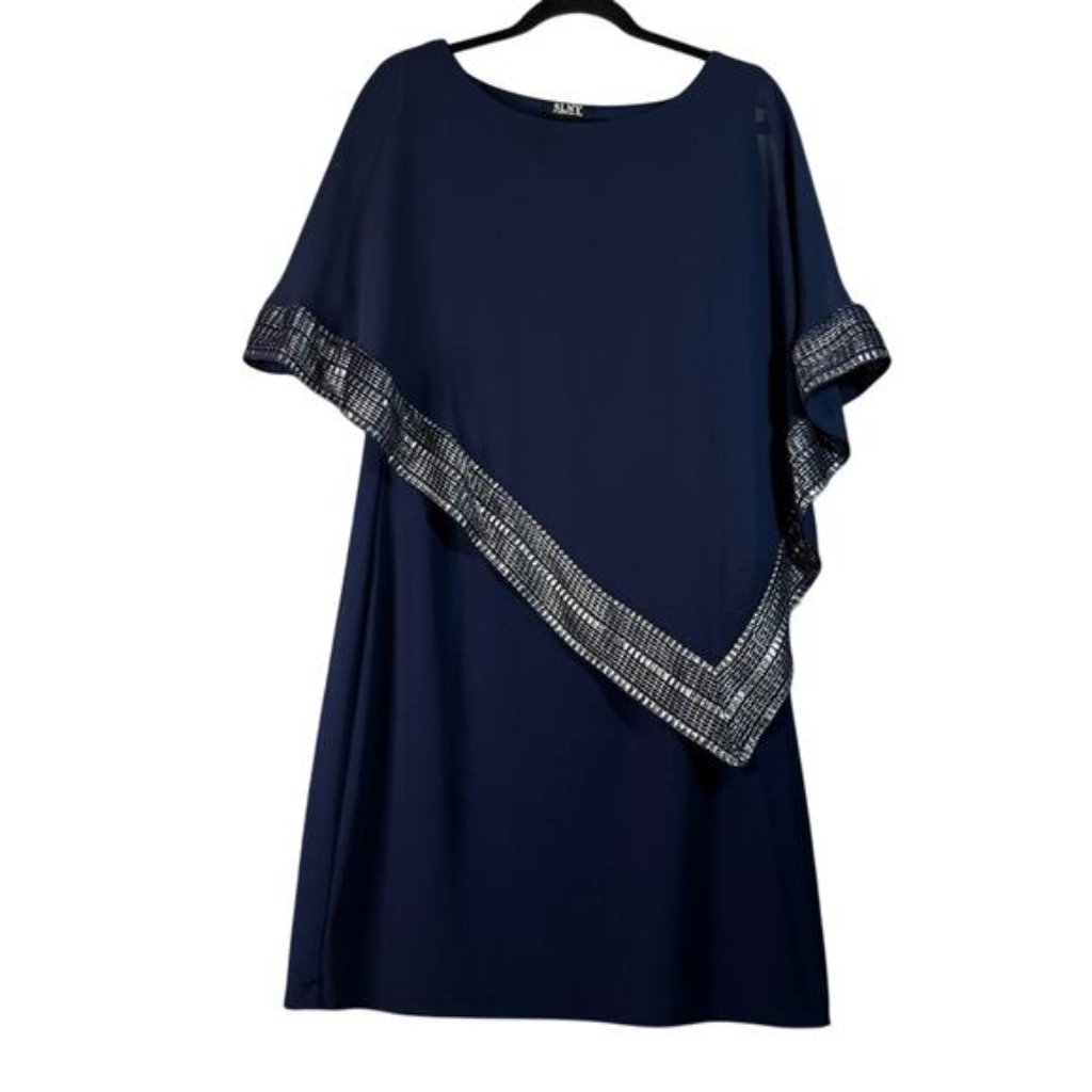 Slny Fashions Navy Silver Foil Trim Asymmetrical Popover Capelet Sheath Dress